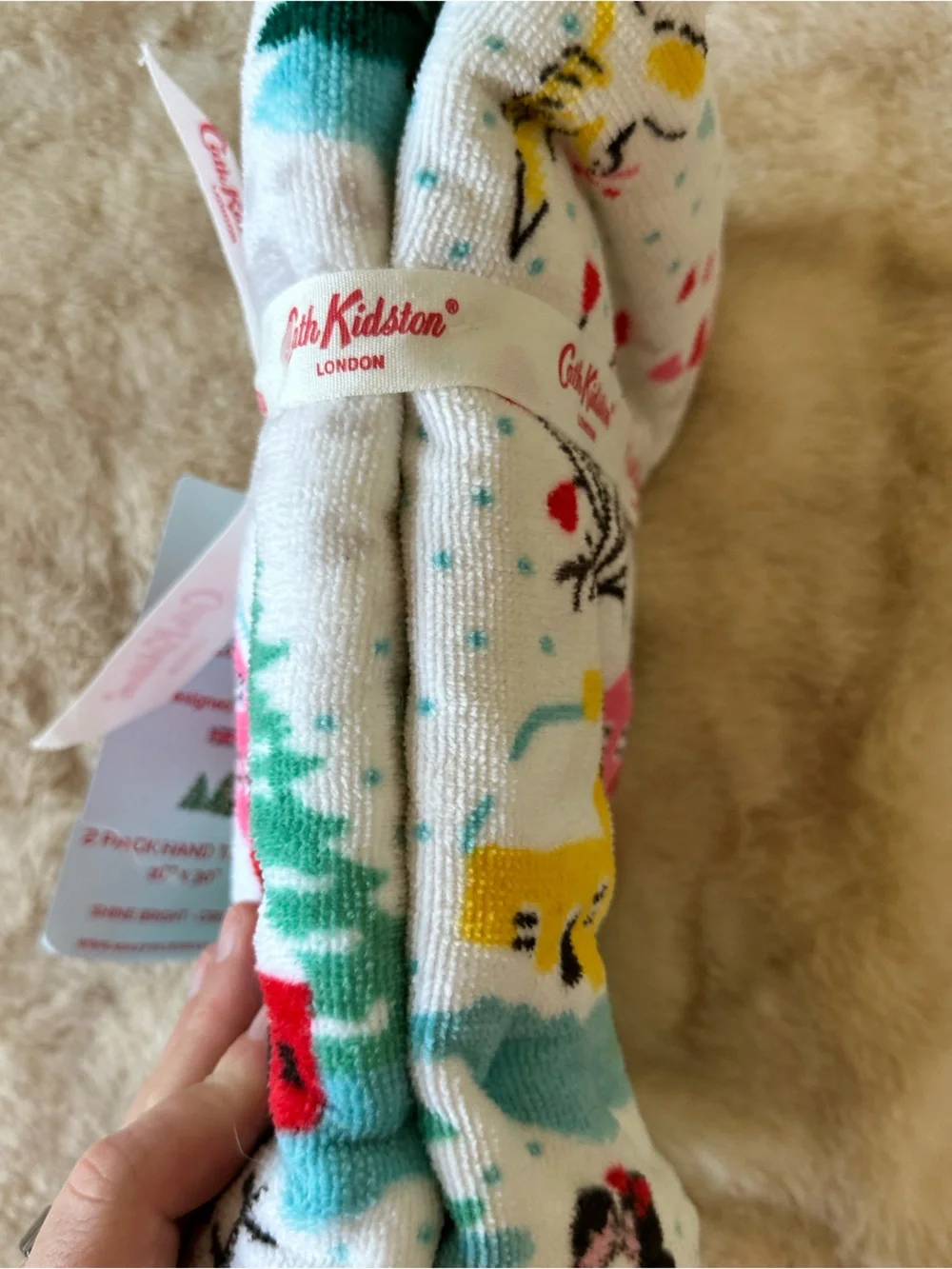 NWT Cath Kidston Shine Bright Cream  2 Pack Hand Towels Christmas 16x30